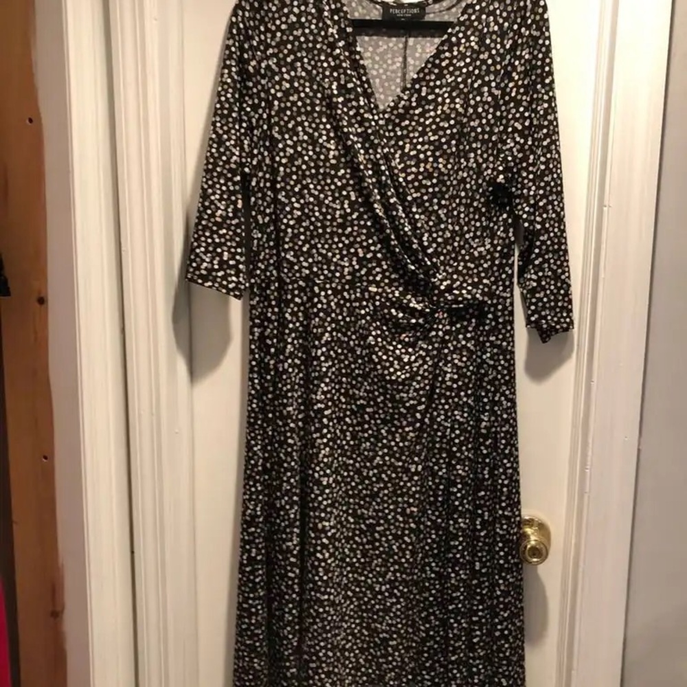 Perceptions Black and Tan Wrap Dress with V-Neck and Cuffed 3/4 Sleeves